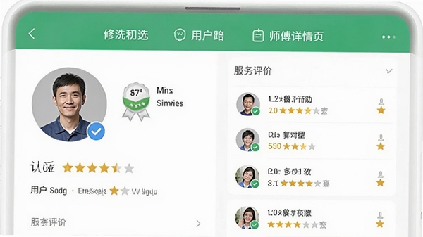 修洗家庭服务平台用户端师傅详情页展示,包含师傅头像、认证徽章、用户评分、服务评价列表,界面干净整洁,突出信任感