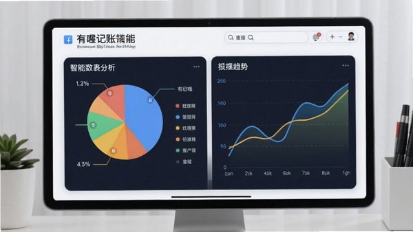 有喔记账智能图表分析界面,展示彩色饼图与趋势线,数据可视化效果清晰美观