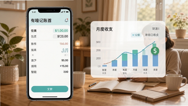 有喔记账软件主界面截图,展示清爽的记账首页与月度收支图表,背景为温馨的家庭理财场景,突出便捷与智能