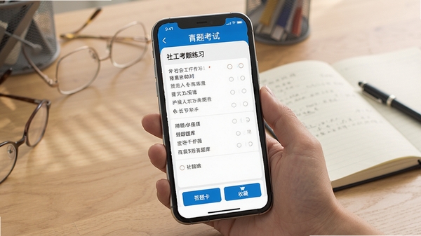 ��Ṥ����ˢ����ֻ�APP����չʾ���ֻ���Ļ��ʾ�繤����������ϰҳ�棬��ɫ������ɫ����Ŀѡ���������У��ײ��д��⿨���ղذ�ť������Ϊ�����ͱʼǱ������������
