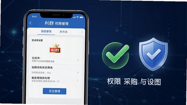 利群采购平台移动端操作界面与权限设置示意图,手机屏幕展示权限管理页面,旁边配以对勾和盾牌图标,强调安全设置