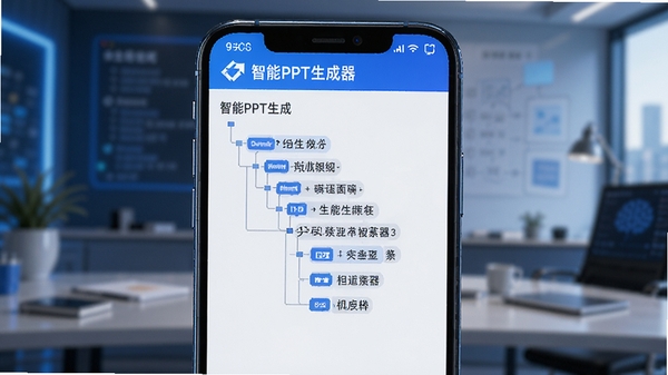 智能PPT生成器AI自动生成演示文稿大纲界面,软件名称智能PPT生成器,科技感蓝色调,手机屏幕展示大纲树状图,简洁现代风格
