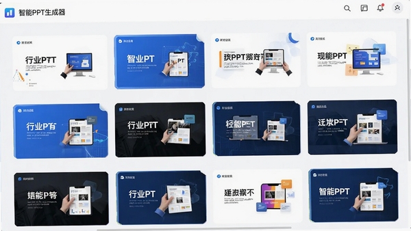 智能PPT生成器模板库界面展示,软件名称智能PPT生成器,多行业PPT模板缩略图网格排列,明亮清爽的UI设计