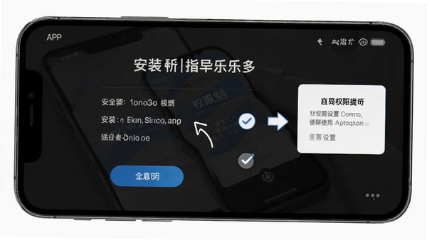 ���Զ�APP���ֲ���ָ�����棬�ֻ���Ļ��ʾ��װ������Ȩ��������ʾ�����������ѡ��ť�ͼ�ͷָ���������������ͻ����ȫ��������ʹ�õ�����