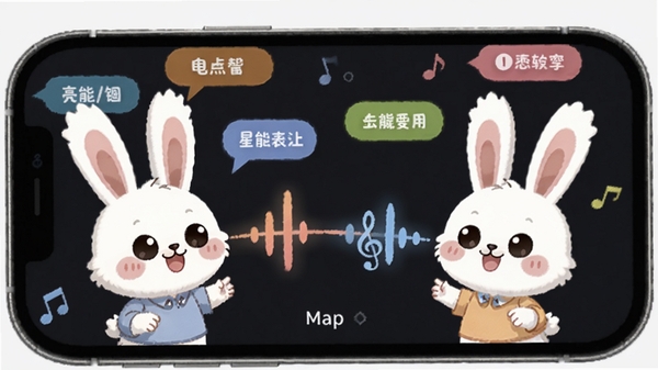 星兔语音智能匹配界面AI生图,展示手机屏幕中两个卡通兔耳形象通过声波连线对话,周围漂浮兴趣标签与音符,风格活泼可爱