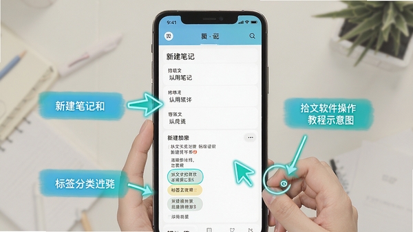 ʰ�����������̳�ʾ��ͼ���ֻ���Ļչʾ�½��ʼǺͱ�ǩ���ಽ�裬��ͷ��ע���λ�ã�����ɫ���������̷̳��