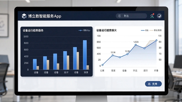 博立数智服务App数据统计报表页面,柱状图与折线图展示设备运行趋势,支持导出功能,专业商务风格