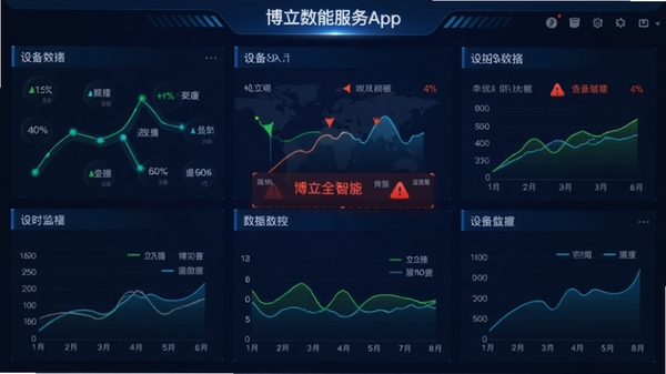 博立数智服务App实时监控仪表盘界面,展示多台设备运行状态与数据曲线,告警提示醒目,科技蓝风格