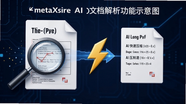 metaXsire AI �ĵ���������ʾ��ͼ��չʾһ�ݳ�PDF�ļ���AI����ѹ���ɼ��ժҪ�Ĺ��̣����зŴ󾵺�����Ԫ��