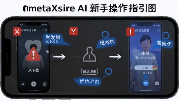 metaXsire AI ���ֲ���ָ��ͼ��չʾ�ֻ���Ļ�д����ذ�װ��ע��ʹ�õ��������̣����к�ɫ��ʾͼ������ɫ�Ż���ʾ��ǩ