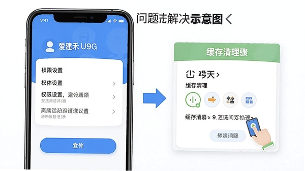 爱建先禾app操作界面与问题解决示意图,展示权限设置和缓存清理步骤