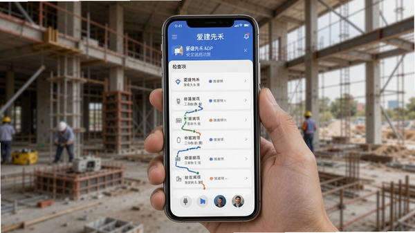爱建先禾app安全巡检功能界面展示,手机屏幕显示工地巡检路线和检查项列表