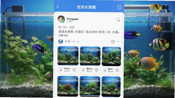 泡泡水族APP圈子界面截图,展示淡水缸、海水缸、水草造景等热门圈子列表,用户正在发布多图动态,界面清爽明亮,带有鱼缸和热带鱼元素