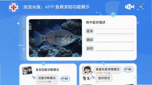 泡泡水族APP鱼病求助功能展示,用户上传病鱼照片并填写症状描述,下方有多位鱼友回复诊断建议,界面采用蓝色调,带有医疗十字和鱼形图标