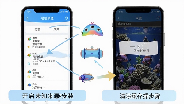泡泡水族APP移动端使用教程示意图,展示手机设置中开启未知来源安装、清除缓存操作步骤,画面带有箭头指引和手机界面截图