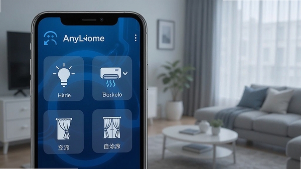 AnyLink Home���ܼҾӳ�����������չʾ���ֻ���Ļ�г��ֵƹ⡢�յ����������豸ͼ�꣬�ԿƼ���Ϊ��ɫ��������ִ����ͻ��Զ�̿������Զ����������ù���