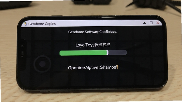 Gendome软件传感器校准测试界面,手机放在水平面上进行陀螺仪校准,界面显示校准进度和提示文字