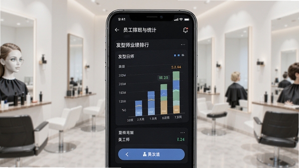 美发社老板端员工排班与业绩统计功能展示,图表清晰显示发型师业绩排行,手机界面简洁易用