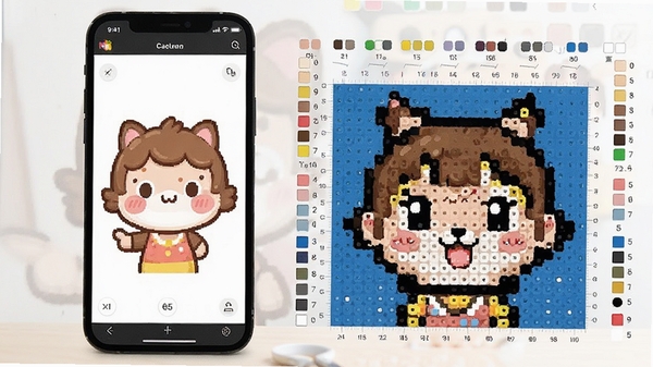 拼豆图纸免费生成软件界面展示,手机屏幕上显示一张可爱卡通图片被转换成彩色像素拼豆图纸,旁边有丰富的色号标注和网格线,界面清爽简洁,适合手工爱好者使用