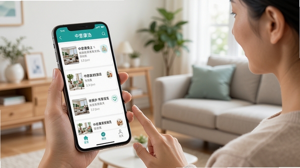 中意康选移动端使用场景示意图,用户手持手机浏览健康资讯,界面显示资讯列表和底部导航,背景为居家环境,氛围轻松健康,突出“中意康选”软件在移动端的便捷使用体验