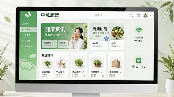 中意康选软件主界面展示,以清新绿色和白色为主色调,界面包含健康资讯卡片、商品推荐模块和个人中心入口,整体风格简洁明快,突出健康生活主题,软件名称“中意康选”清晰可见