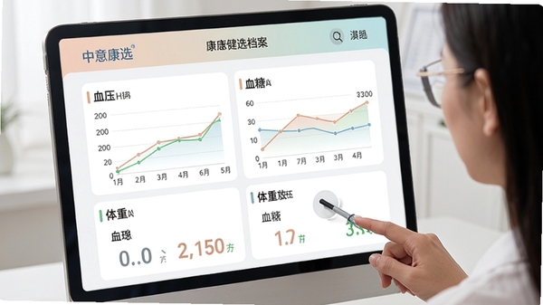中意康选健康档案界面截图,展示血压、血糖、体重等数据趋势图表,色彩柔和,数据清晰,界面布局简洁,用户正在查看个人健康记录,突出“中意康选”品牌标识