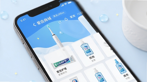 爱齿商城APP界面展示,手机屏幕中显示口腔护理商品列表,包括电动牙刷、牙膏、漱口水等,界面简洁清新,蓝白配色,现代电商风格