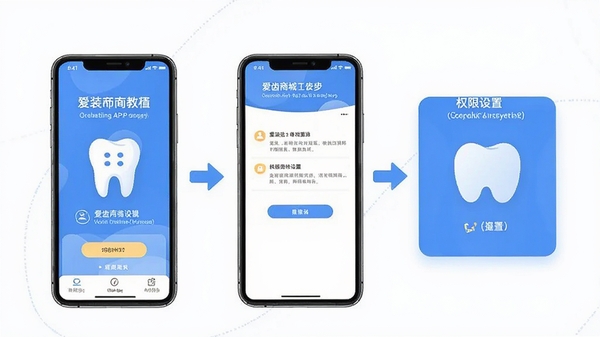 爱齿商城APP使用教程示意图,手机屏幕显示安装步骤和权限设置界面,配有文字说明,简洁明了的操作指引风格