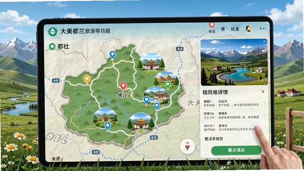 大美都兰旅游导览功能界面,展示都兰地图与景点标记,用户正在查看景点详情,画面融入都兰自然风光元素