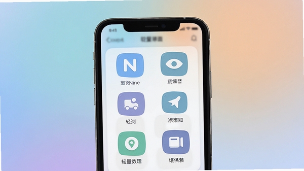 NovaNine软件界面展示,简洁清爽的扁平化设计风格,手机屏幕中显示核心功能图标,背景为柔和渐变色调,突出轻量高效的工具属性