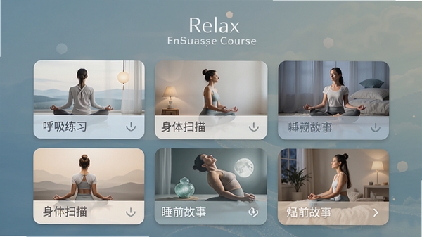 Relax����ڤ��γ�ҳ�棬չʾ���������γ̿�Ƭ������������ϰ������ɨ�衢˯ǰ���µȷ��࣬���������ţ���ɫ��ͣ�ͻ����������