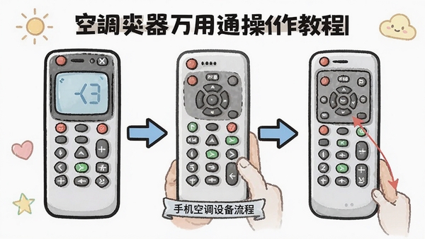 空调遥控器万用通操作教程示意图,手机添加空调设备流程图,步骤清晰标注,卡通风格,简洁易懂