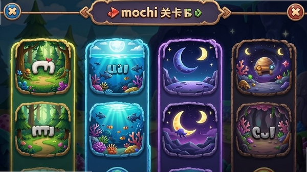 mochi��Ϸ�ؿ�ѡ����棬չʾ��ͬ����Ĺؿ���ͼ����ɭ�֡������ǿյȣ�ͼ�꾫��