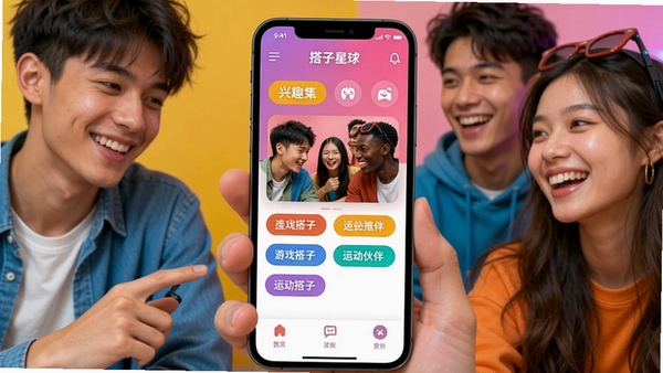 搭子星球APP首页界面展示,年轻人在手机上浏览兴趣标签,寻找游戏搭子和运动伙伴,色彩明快,社交氛围浓厚