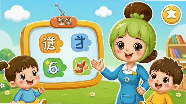 雪梨老师卡通角色带领孩子学习拼音和数学,明亮色彩,儿童友好界面