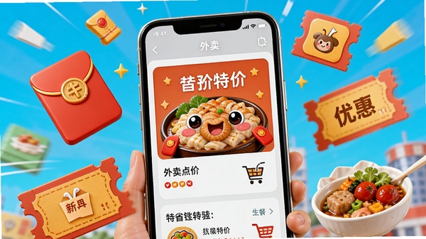 �����㵥�ؼ�AI��ͼ��ʾ�ʣ��ֻ���Ļ��ʾ�����㵥�ؼ���������Χ���ƺ�����Ż�ȯ����ʳͼ�꣬��ͨ�������ɫ����ͻ��ʡǮ��͵Ŀ��ַ�Χ
