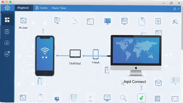 Jiqid Connect软件界面展示,简洁的连接管理面板,手机与电脑设备互联示意图,科技感蓝色调,现代扁平化设计风格
