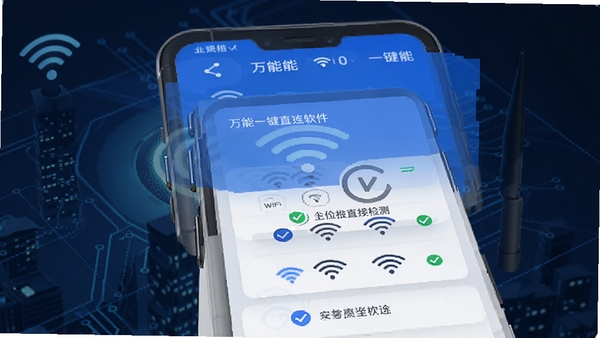 万能WiFi一键直连软件界面展示,手机屏幕显示周边WiFi列表和安全检测标识,科技感蓝色调,简洁现代UI设计