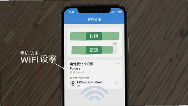 手机WiFi连接设置界面示意图,展示权限开启和电池优化设置步骤,简洁教程风格