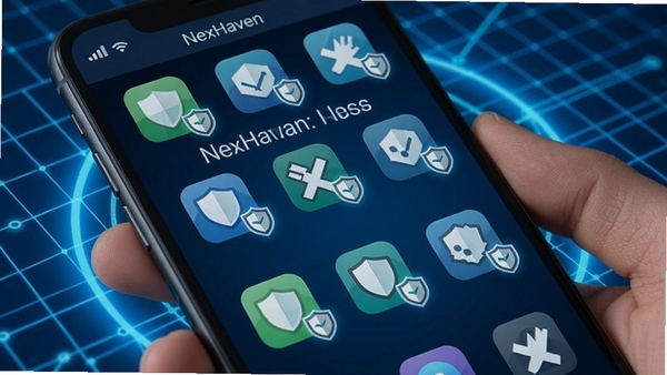NexHaven��������չʾ���ֻ���Ļ�������Ŷ��������Ӧ�÷���ͼ�꣬ÿ��ͼ�����΢С�Ķ��Ʊ�ʶ�������ǿƼ���ʮ�����ɫ��������Σ�ͻ��Ӧ�ø����밲ȫ�����ĸ���