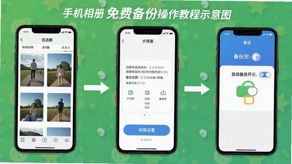 手机相册免费备份操作教程示意图,展示从选择相册到备份完成的步骤流程,包含权限设置和自动备份开关界面