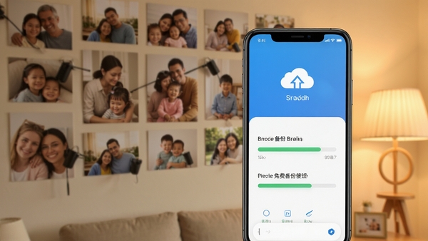 手机相册免费备份软件界面展示,手机屏幕显示相册备份进度条和云端存储空间使用情况,背景为温馨家庭照片墙,科技感与生活感结合