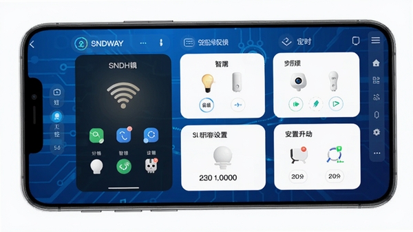 SNDWAY Smart Home�ֻ�App����չʾ�����ܼҾ��豸��Ƭʽ�������棬��ɫ�Ƽ��б������ֻ���Ļ��ʾ�ƹ��������붨ʱ����ҳ�棬���������ִ�