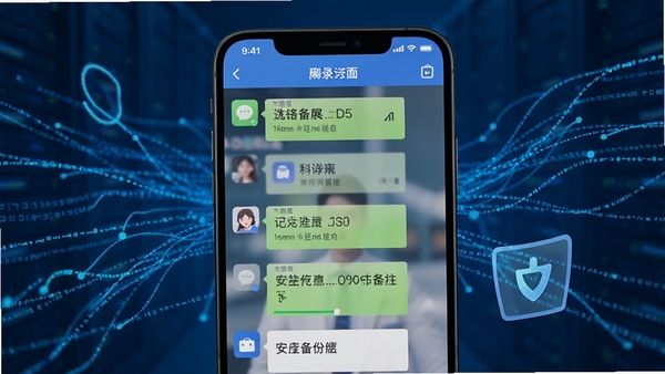 聊天记录备份帮软件界面展示,手机屏幕显示微信聊天记录备份进度条,背景为蓝色科技感数据流,突出安全备份主题