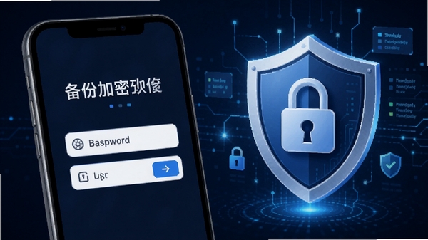 聊天记录备份帮加密备份功能示意图,手机屏幕显示密码输入框和加密锁图标,背景为盾牌与数据保护元素,软件名称清晰可见
