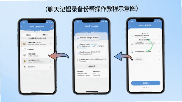 聊天记录备份帮操作教程示意图,手机屏幕展示权限设置和备份进度界面,带有箭头标注操作步骤,背景为浅蓝色渐变