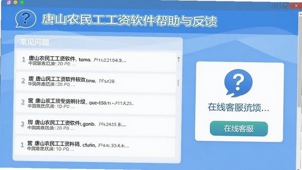 唐山农民工工资软件帮助与反馈页面,展示常见问题列表和在线客服入口,界面友好,有问号图标