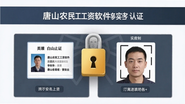 唐山农民工工资软件实名认证页面,展示身份证上传和人脸识别步骤,安全锁图标突出,整体色调稳重