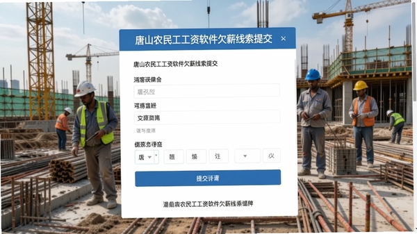 唐山农民工工资软件欠薪线索提交页面,表单填写界面清晰,有提交按钮和温馨提示,背景为工地场景