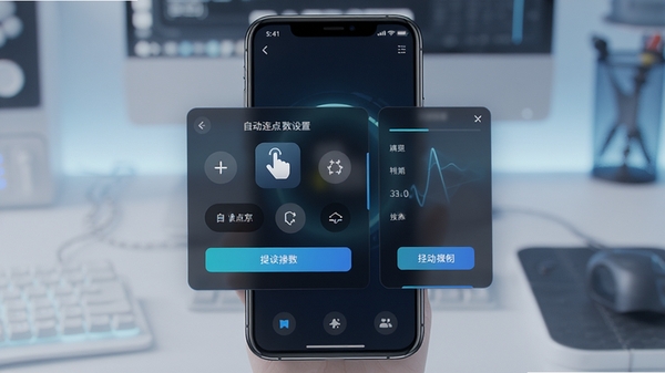 自动连点器管家软件界面展示图,手机屏幕上显示悬浮控制面板与点击参数设置界面,背景为简洁科技风格,突出自动连点功能图标与操作按钮